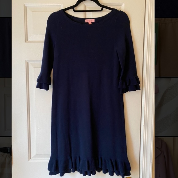 Lilly Pulitzer Dresses & Skirts - Lilly Pulitzer navy blue ruffle sweater dress, S